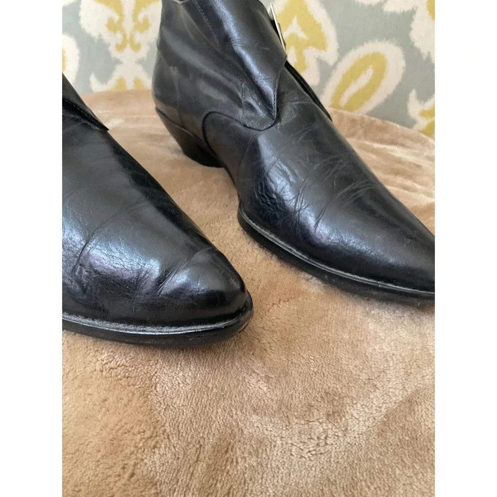 Browns Italy Black Leather Buckle Ankle Boots Pointed Toe Cone Heel Size 38